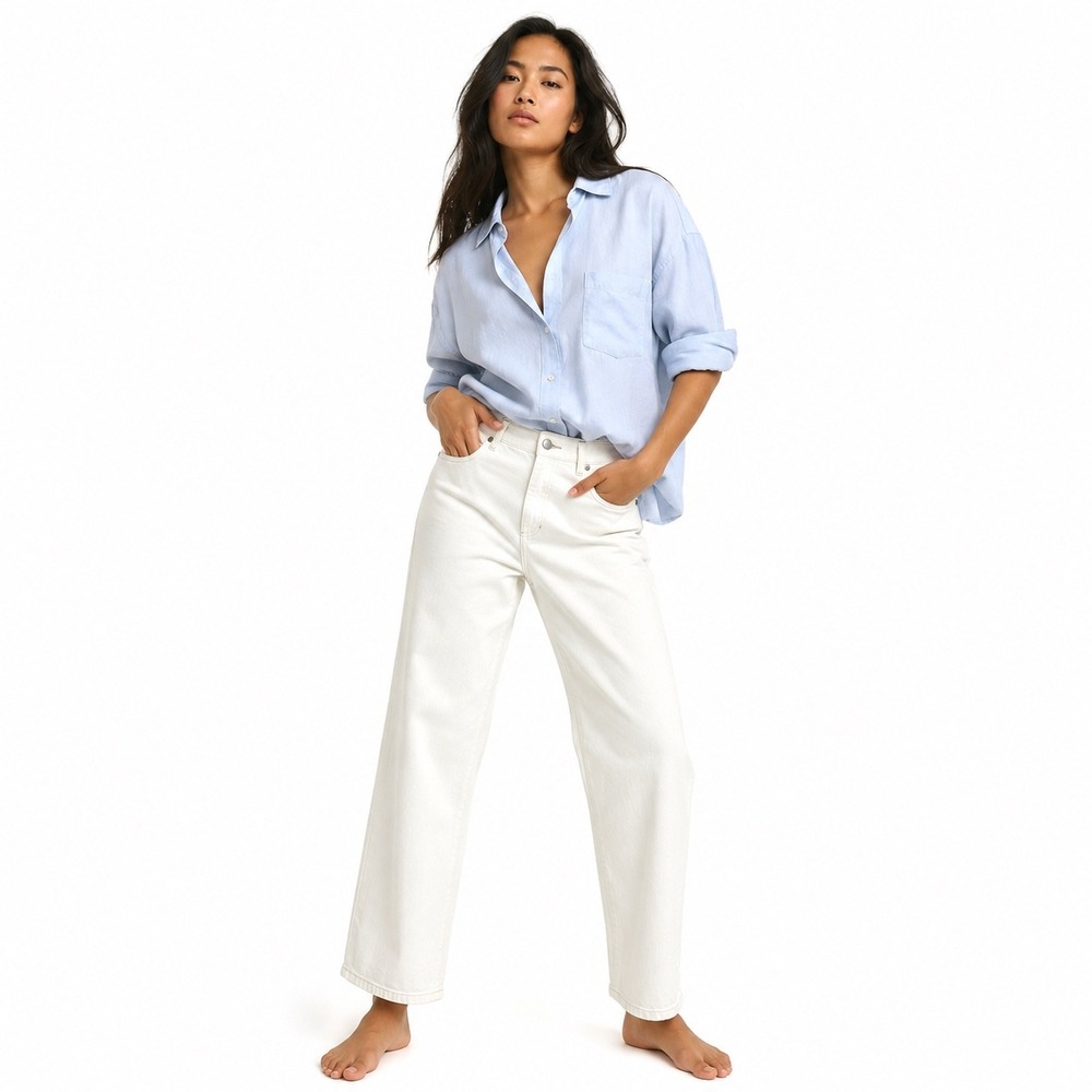 Eileen Fisher Womens Wide Leg Jeans‎ Ivory 14 Minimalist Coastal Cotton Stretch